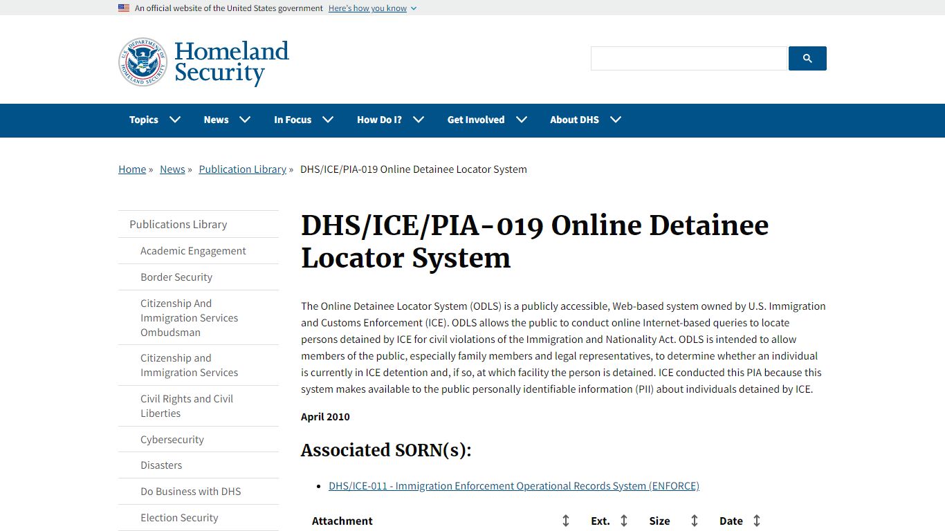 DHS/ICE/PIA-019 Online Detainee Locator System
